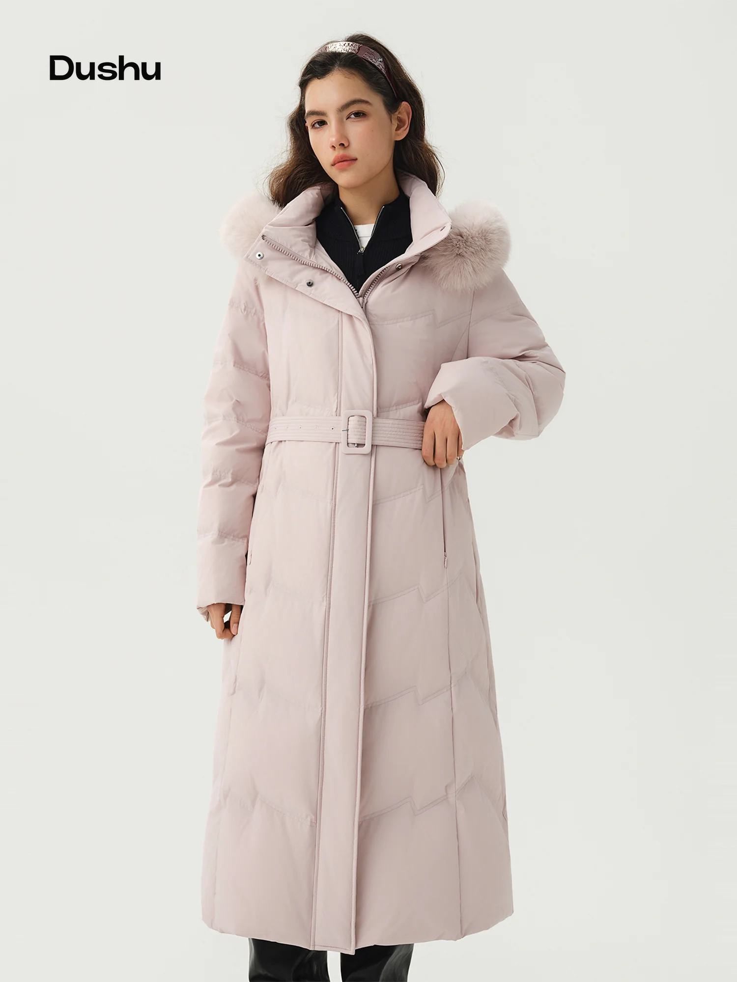 DUSHU Plus Size Mountain Ridge Down Jacket Women Stand Collar Hooded Long Puffer Coat 2026 Winter New Windproof Warm Outerwear