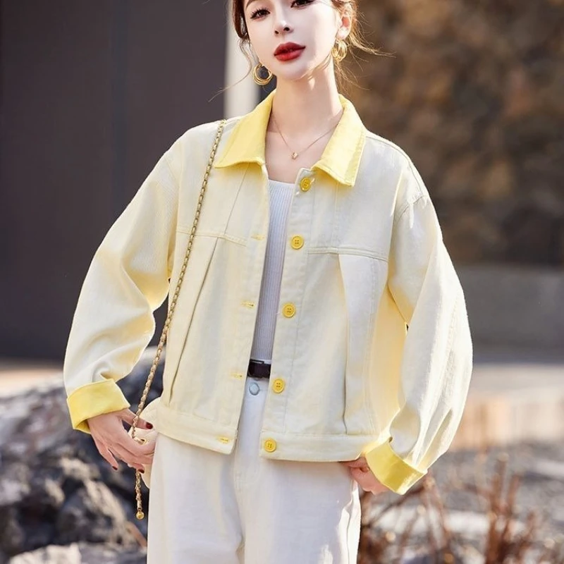 

2025 Women's Fashion Colorblock Denim Short Style Spring Autumn College For Petite Women Trendy Small Size Top