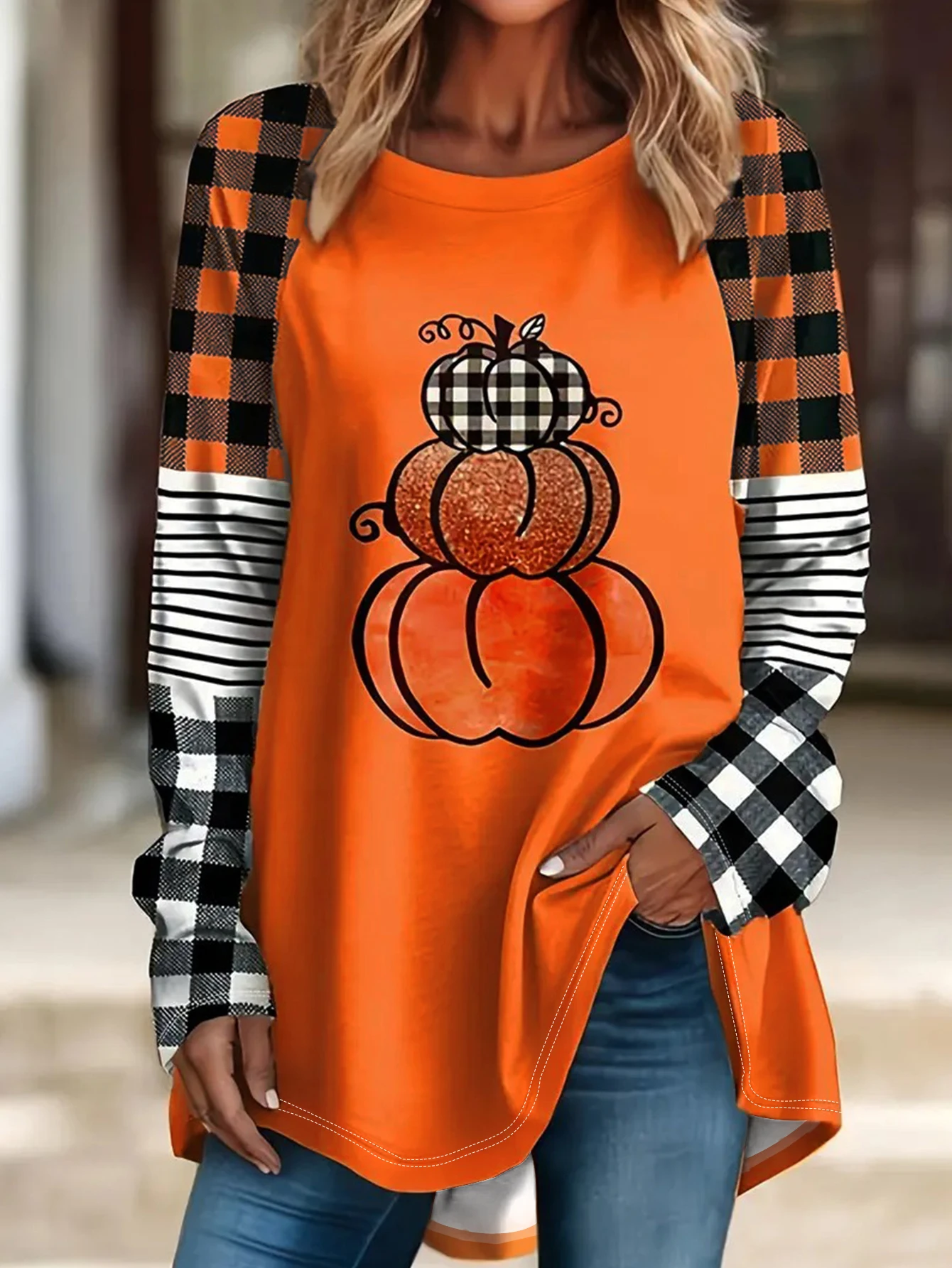 Women Plus Size Long Sleeve Tunic Top, Raglan Sleeve Spliced Casual T-Shirt, Fall Thanksgiving Loose Fit Daily Wear Shirt