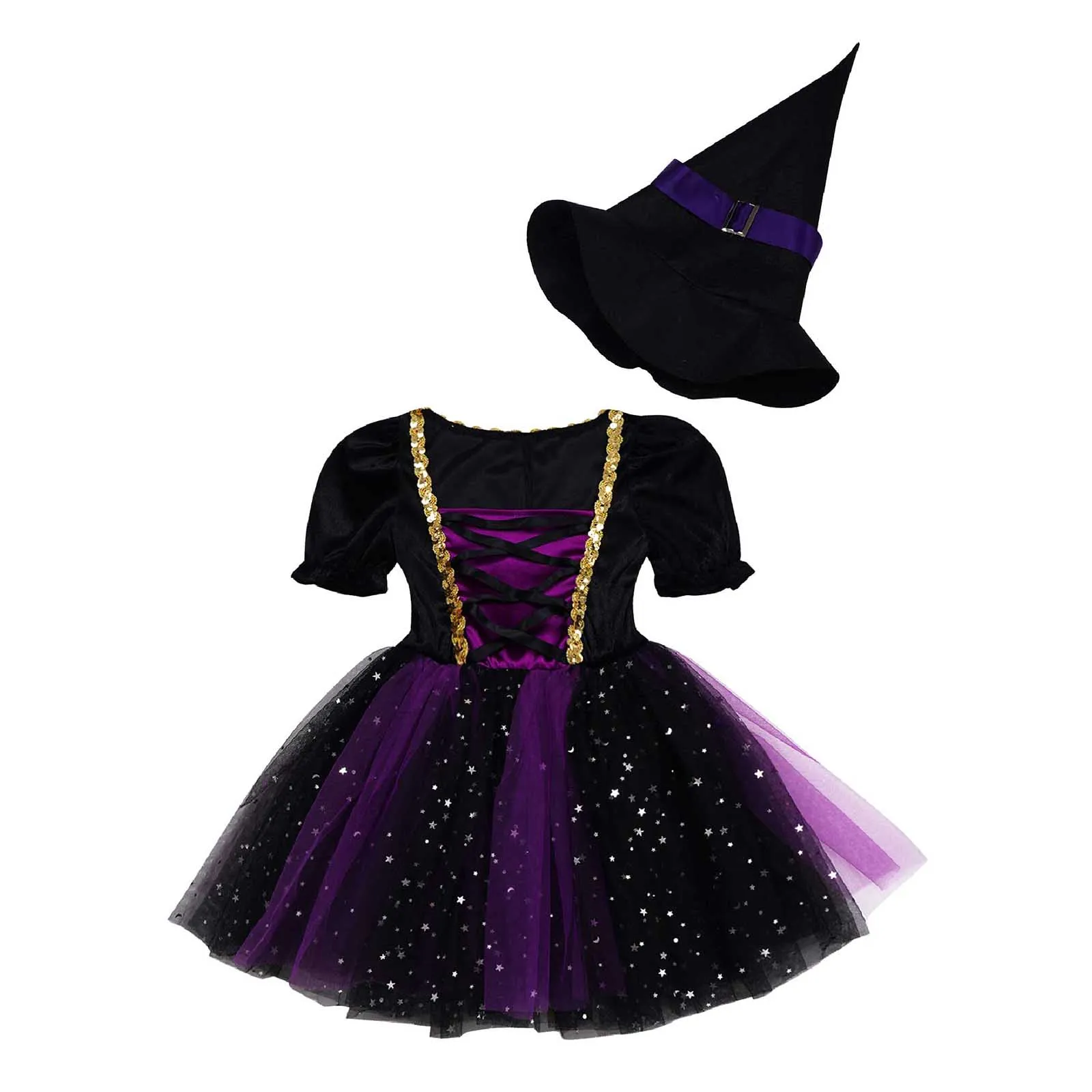 Kid Girls Halloween Witch Costume Sparkly Silver Stars stampato Carnival Cosplay Dress con cappello a punta bacchetta Dress Up Clothes