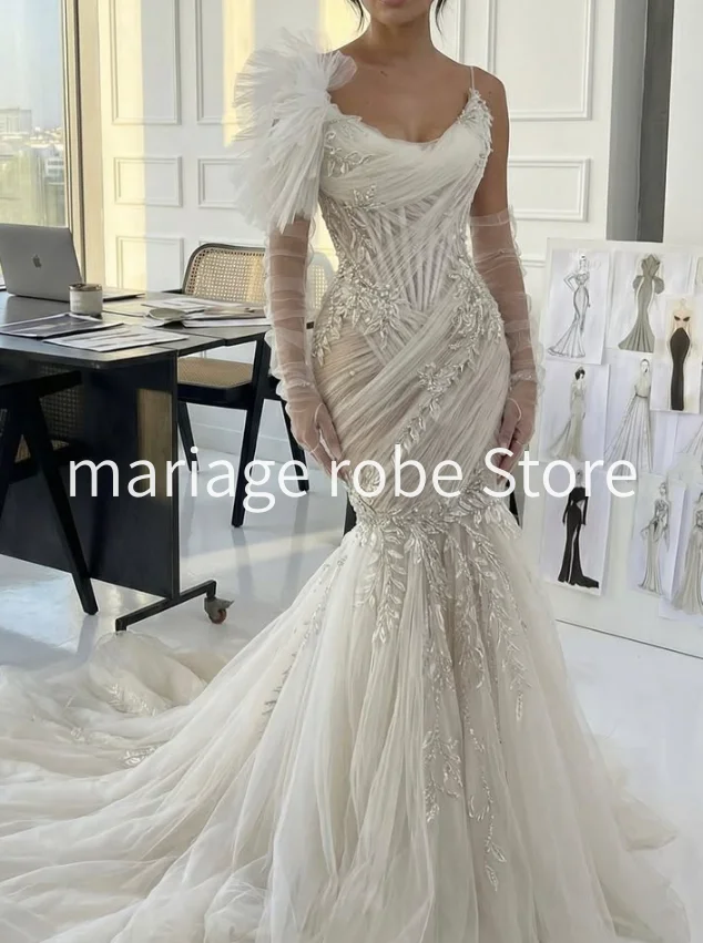 Ivory Mermaid Beach Fairy Wedding Dresses Ruched Luxury Applique Boning Pleated Holiday Bride Castle Bridal Gown Outfit Customiz