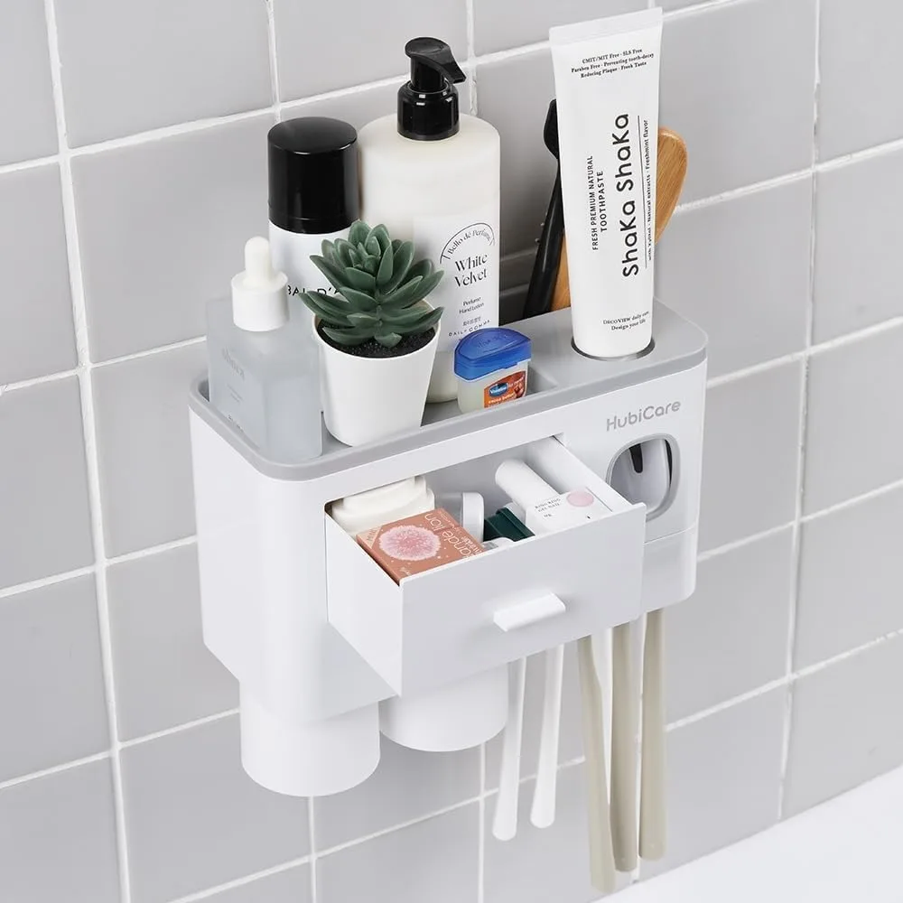 

Держатель для зубных щеток HubiCare с дозатором зубной пасты, настенный для ванной комнаты, автоматическая соковыжималка для зубной пасты, органайзер для ванной комнаты