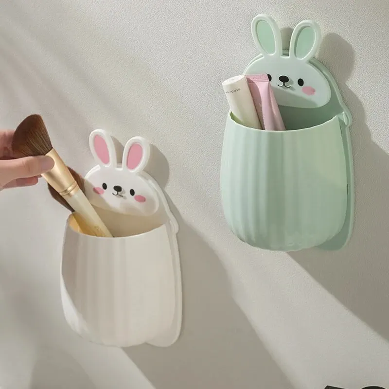 1pc Cute Rabbit Storage Rack No Punching Marking Required Makeup Brush Storage Box Bathroom Wall Mounted Toothbrush Holder