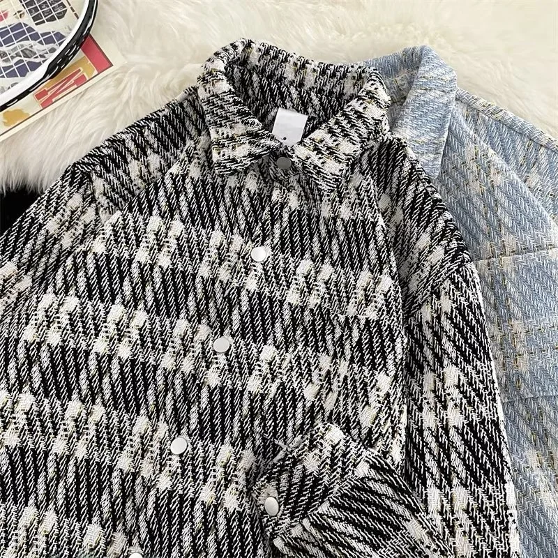 

Preppy Sle Men's Plaid Woolen Jaet Autumn Spring Season Faion Streetwear Windproof Long Sve Coat Casual Outerwear