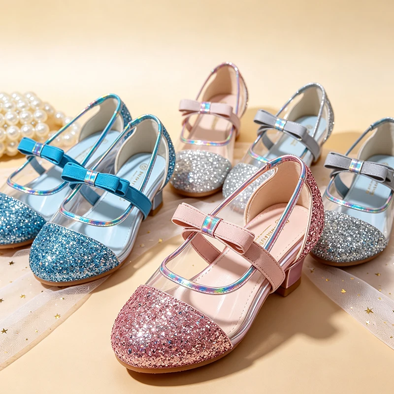 Shiny Luxury Girls Princess High Heels Sandals Mary Jane Crystal Shoes Halloween Cosplay Graduation Ceremony Church Footwear