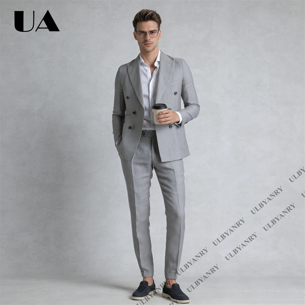 

Дышащий льняной костюм ULBYANRY для мужчин: двубортный пиджак с брюками, для деловых мероприятий и ужинов, комплект из двух предметов, формальный смокинг