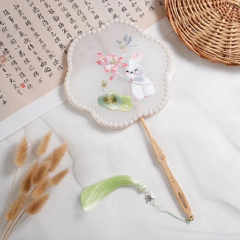 Cute Little Rabbit Embroidered Round Fan Dance Fan Hanfu Cheongsam Dance Props Ancient Style Photography Props Graduation Souven