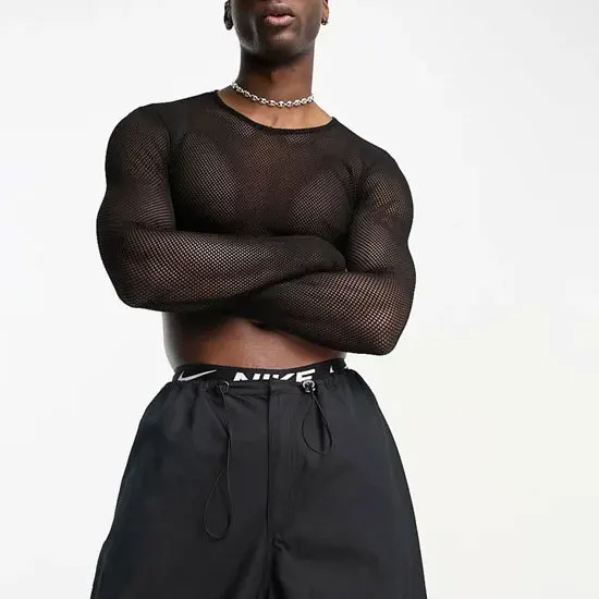 Men's Fashionable Short Sleeve Long T-shirt Micro See-through Sexy Inner Wear Top Polyester Fiber round Neck Pure Color T-shirt