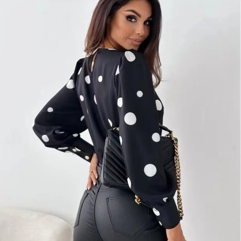 Women\'s Korean Fashion Polka Dot Print Shirt, Elegant Women Tops, Long Lantern Sleeve, O-neck, Loose Clothes, Spring Autum 8631