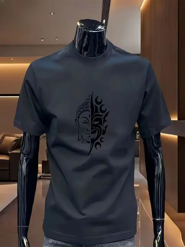 

Мужская повседневная свободная футболка из хлопка с коротким рукавом, круглым вырезом, дышащая, с принтом статуи Будды в национальном стиле (Wooden Du Sorona National Sle)