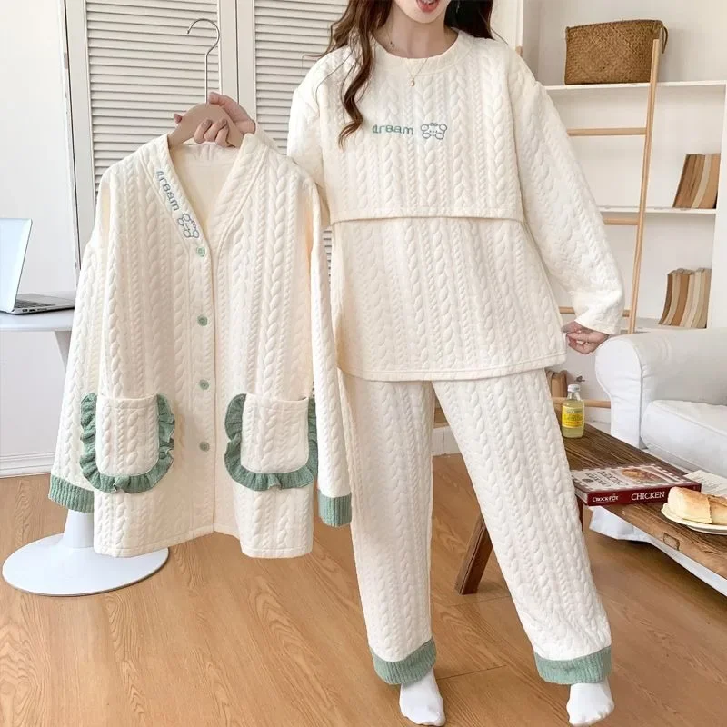 

2025 Women Pajamas Long-sleeved Breathable Nursing Clothes New Three-piece Suit Air Cotton Autumn Winter Can Adjust Pregnant