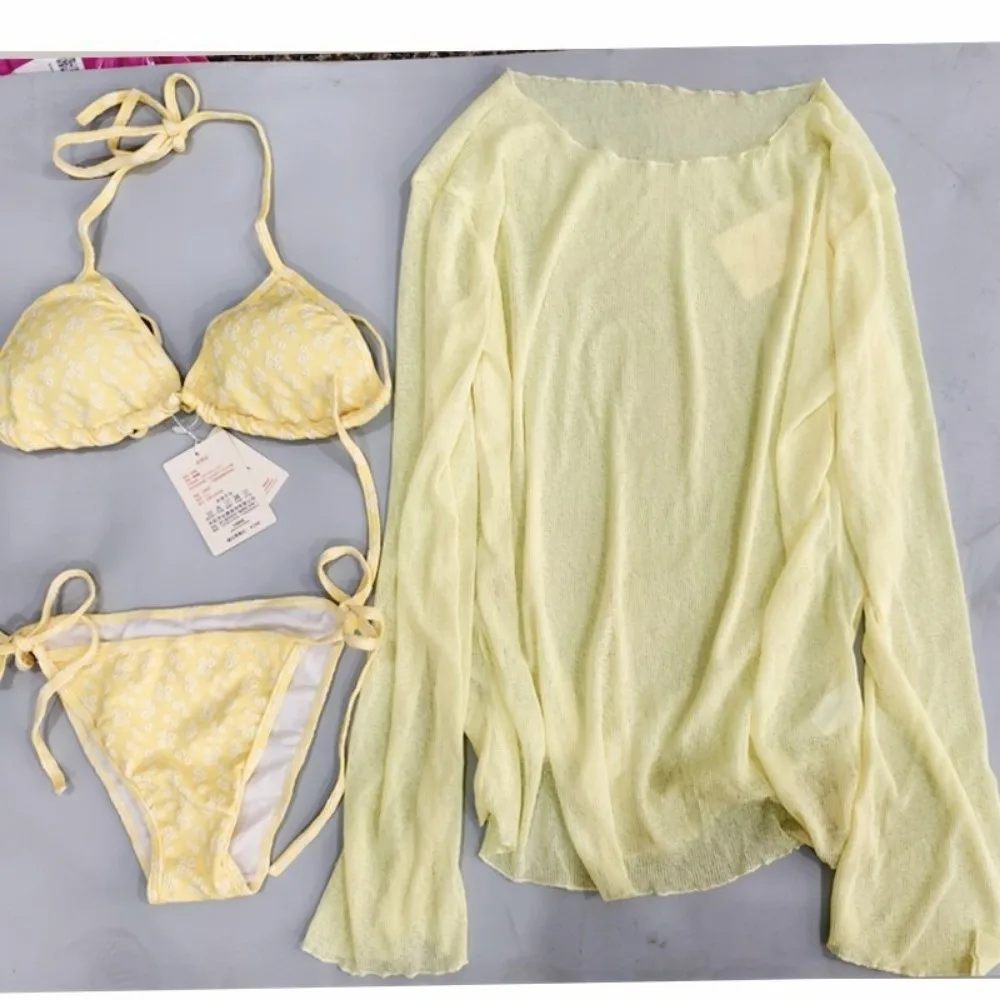 Lace-up Women's Swimwear Set Mesh Transparent Beachwear Long Sleeve Swimsuit Loose Sun Protection Bathing Suit Resort Wear