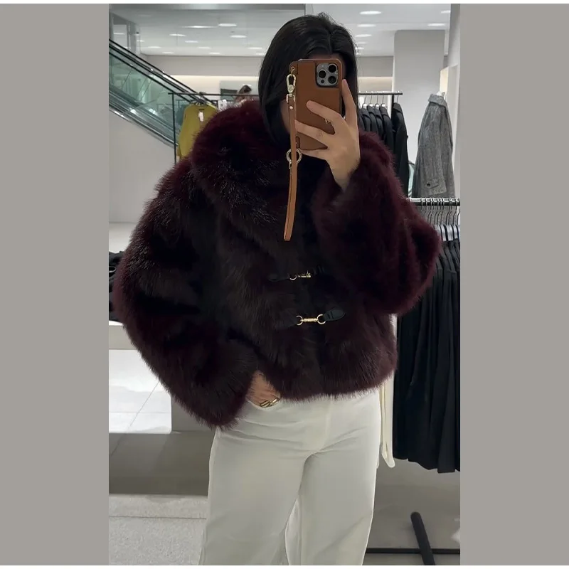 Elegant PU Fur Patchwork Jacket Women Loose Detachable Collar Lapel Double Breasted Jackets Female Fashion Winter Warm Outwear