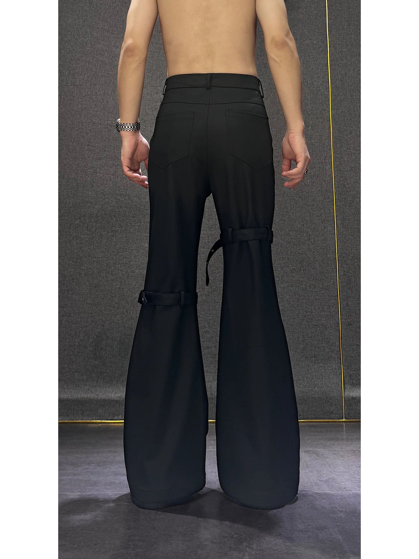 Fashion Trendy Men's Lace-Up Patchwork Design Sense Dress Pants High-End Personality  High Street High-Waist Flared Casual Pants