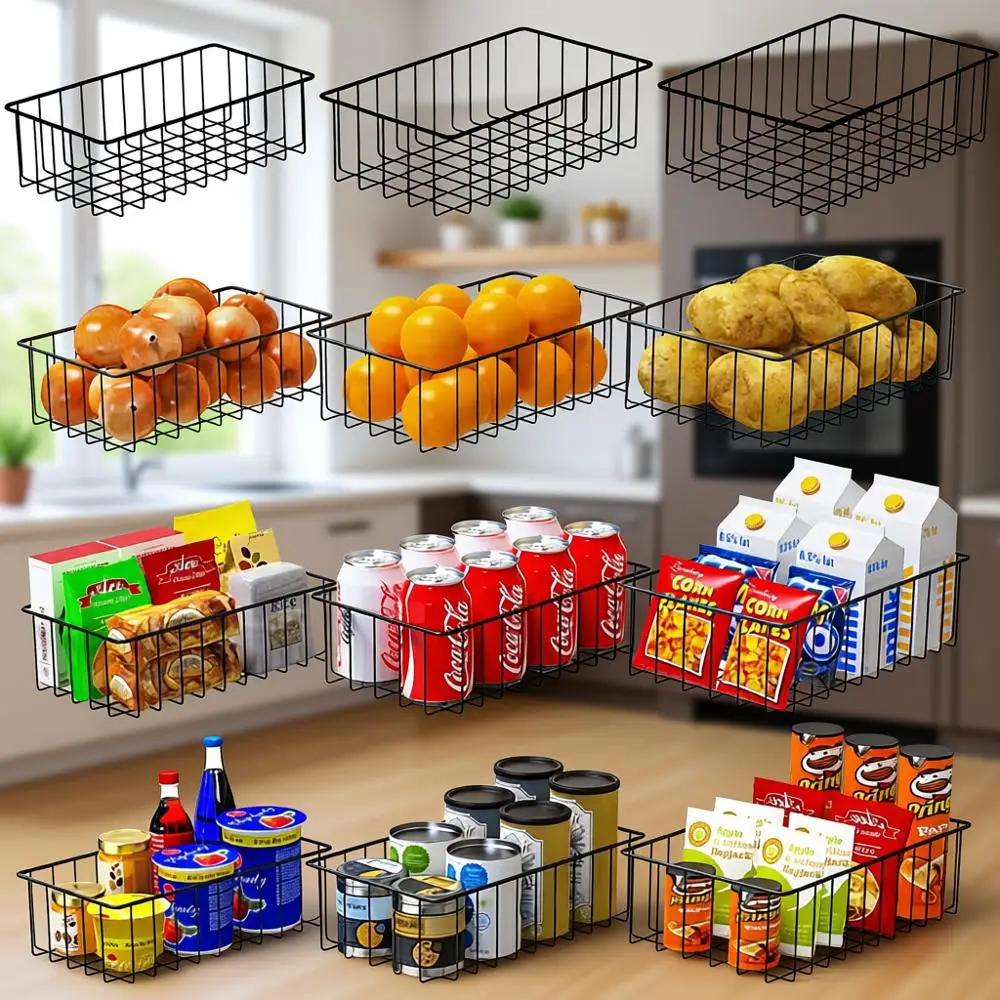 

Набор из 12 проволочных корзин для хранения мелких предметов, идеально подходит для организации хранения в кладовой, шкафу, на кухне и в ванной (черный)
