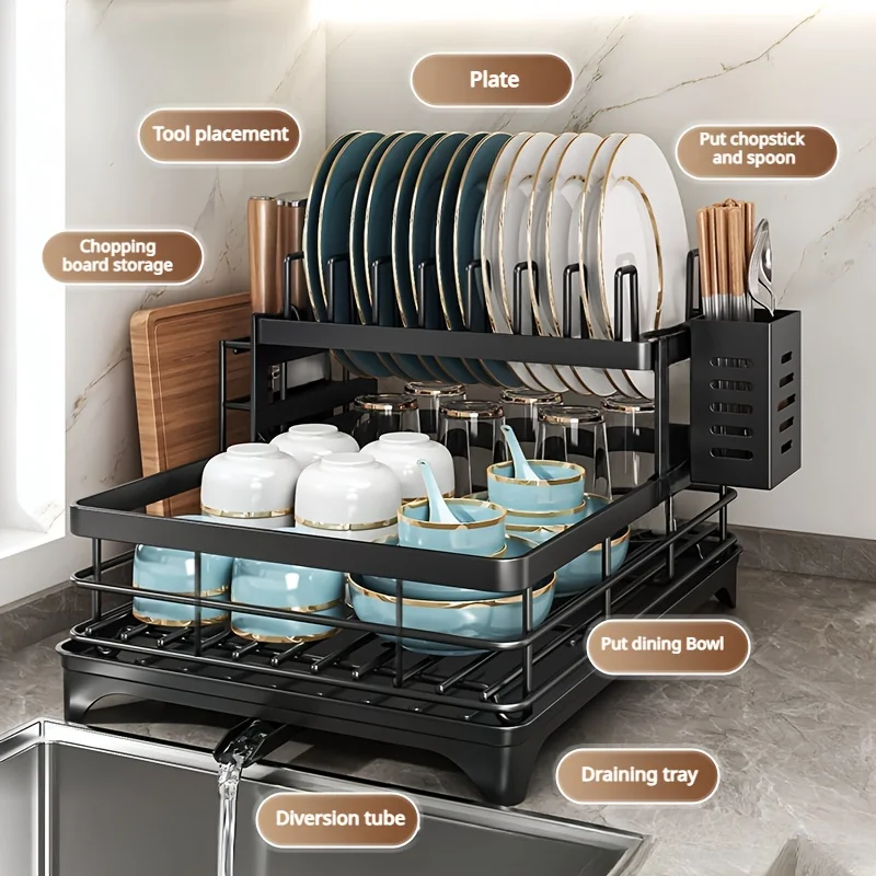2-Tier Expandable Dish Drying Rack Metal Dish Rack Drainboard Set with Knife Fork Holder Cutting Board Organizer for Countertop