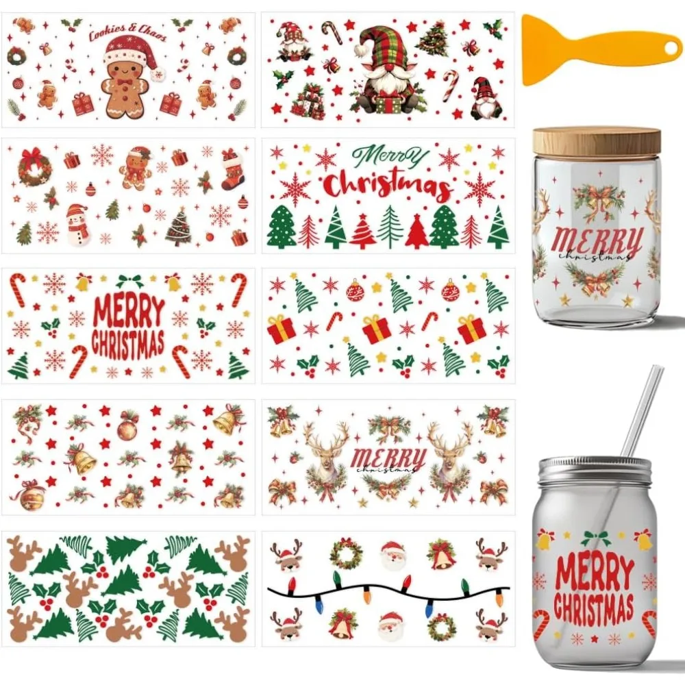 10 Blatt Weihnachtsthema UV DTF Becherfolie für 16OZ Glasbecher mit Weihnachtsmann, Zwerg, Hirsch, Schneemann, Lebkuchenmann