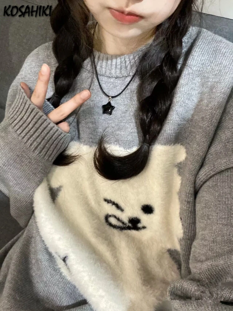 Japanese Grunge Kawaii Cute Flocking Dog Sweaters Women Y2k Aesthetic Casual Loose Jumpers 2024 Autumn New Gentle Gray Pullovers