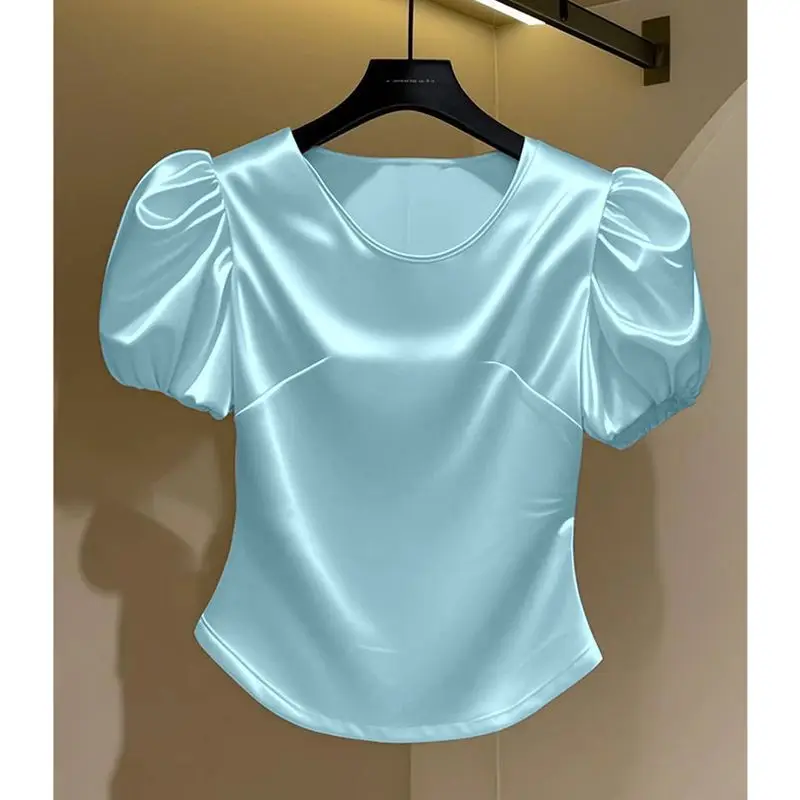 

Sweet Bubble Sleeve T-Shirt Women's Fashionable Short Sleeve Shirt Summer New Style Gentle Wind Soft Fabric round Neck Design
