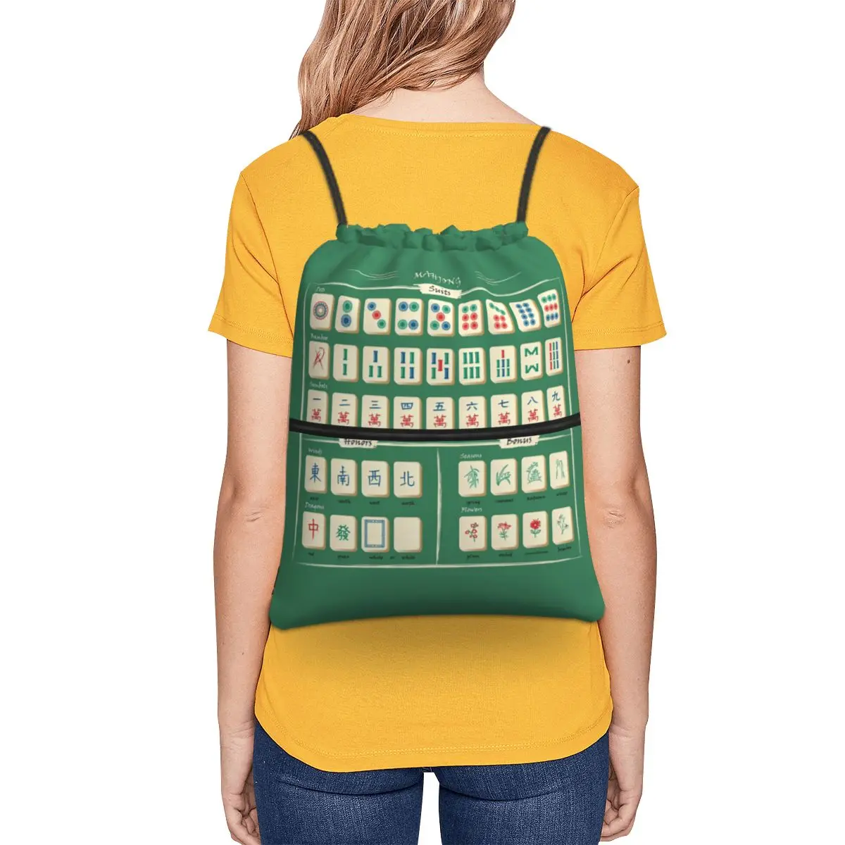 Mahjong Tile Pattern Backpacks Casual Drawstring Bundle Pocket Shoes Bag Book Bags for Travel School