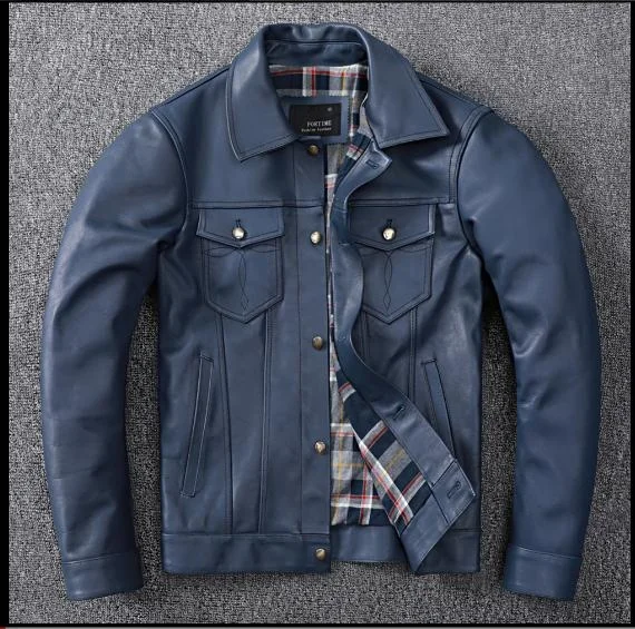 shipping.2023 fashion Mens Free slim genuine leather jacket,quality Indigo cowhide coat,classic 507 style leather jacket