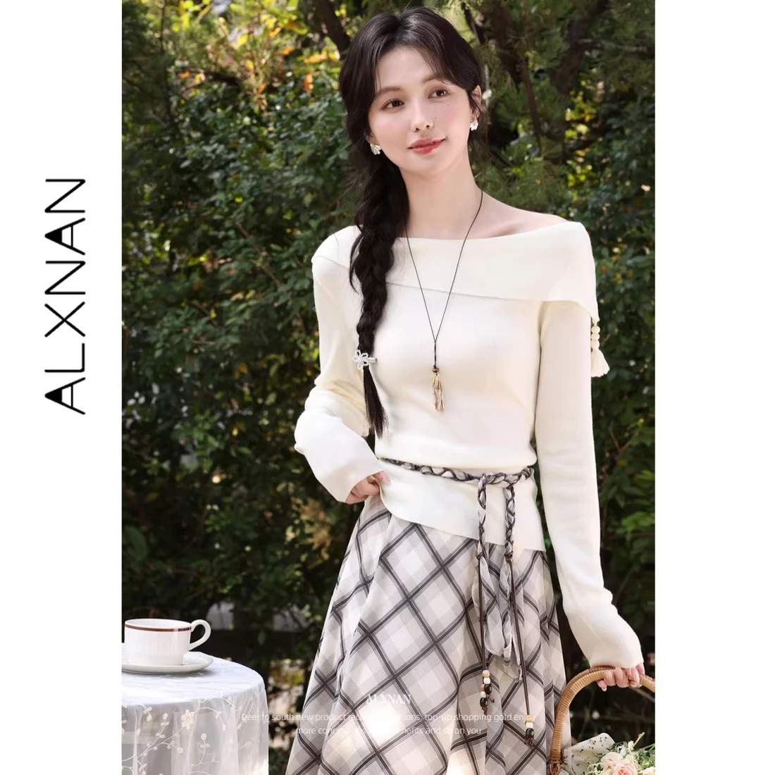 

ALXNAN Women Off Shoulder Knit Top Soft Romantic Fold Collar Tassel Bead Decor Spring Summer Daily Slim Female Pullovers L62282