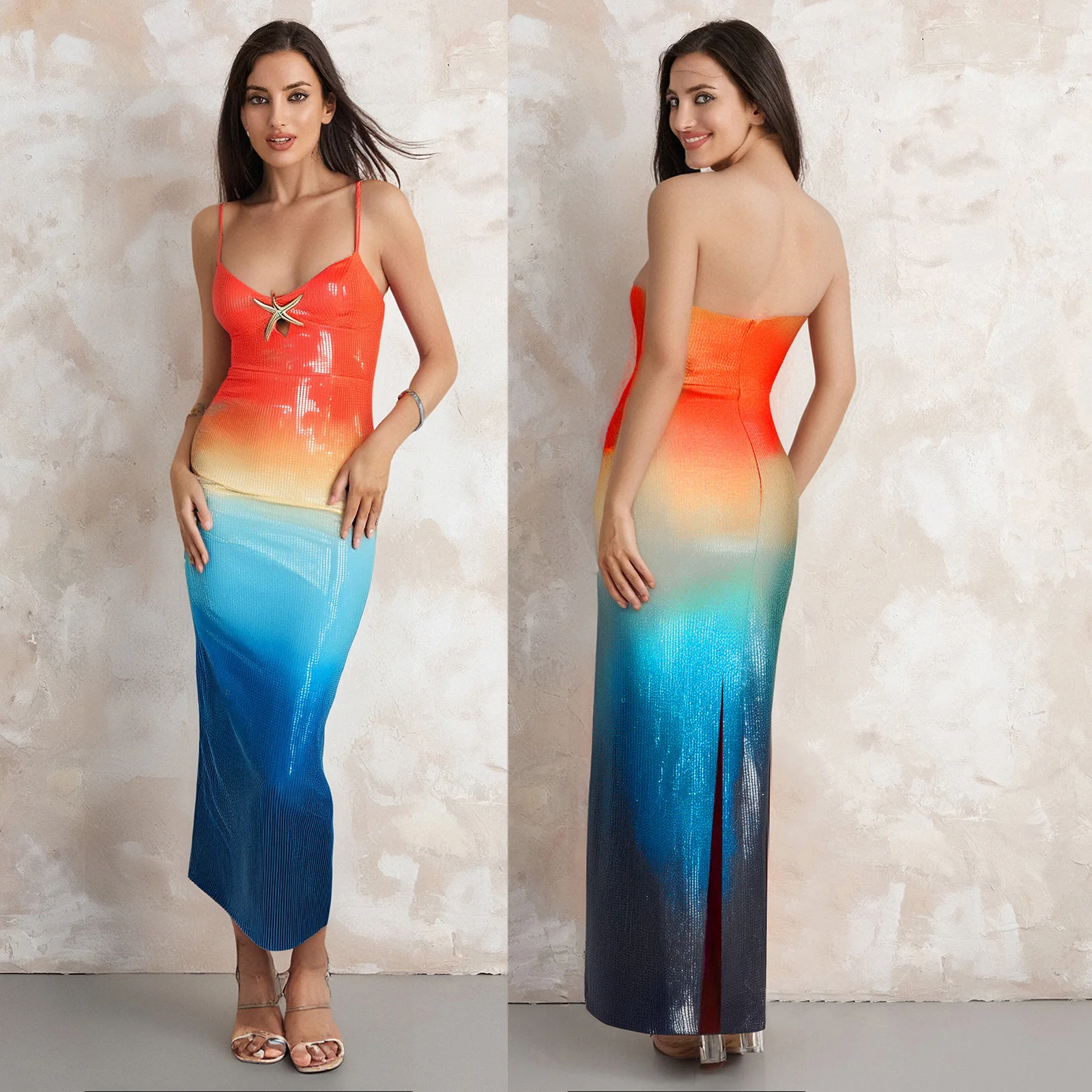 2025 damska patchworkowa sukienka na ramiączkach w gradientowym kolorze 3D rozgwiazda bez rękawów Spaghetti pasek dekolt w serek obcisła długa sukienka