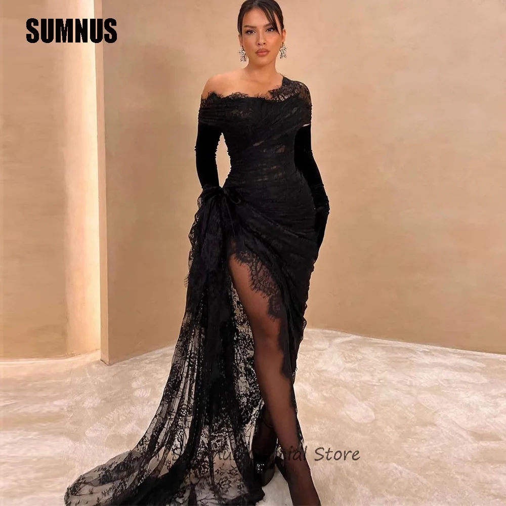 SUMNUS Black Lace Sexy Women Prom Dresses Off Shoulder Long Sleeves Arabic Cocktail Party Evening Gowns Robe De Soiré Customized