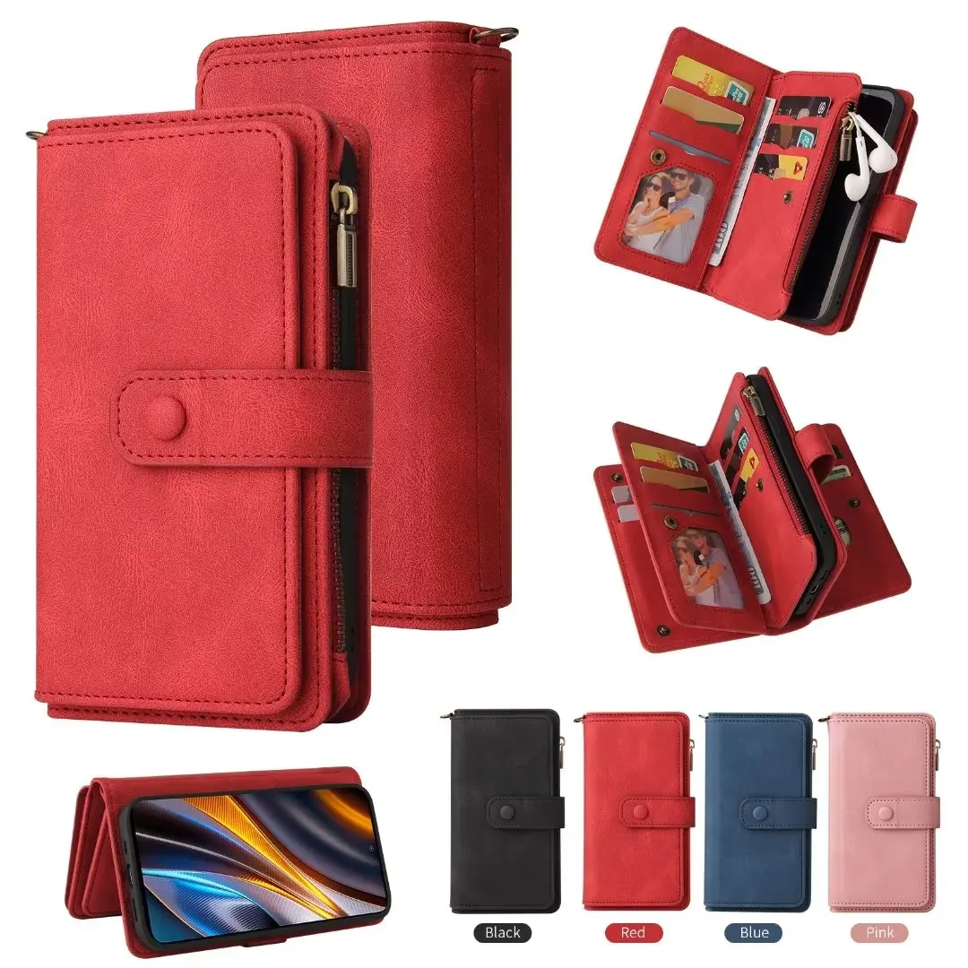 Leather Wallet 15 card Zipper Magnetic Flip Case For Sony Xperia 5 IV 1 IV 10 IV VIVO Y16 4G Y35 Oneplus Nord CE2 Lite