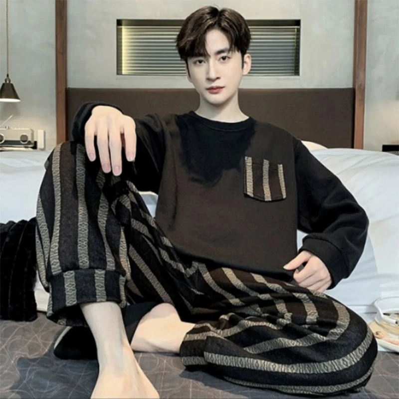 Plus Size Men\'s Pajamas Long Sleeve Loose Breathable Grey Cartoon Bear Stripes Black O-Neck Soft Loungewear Two Piece Set
