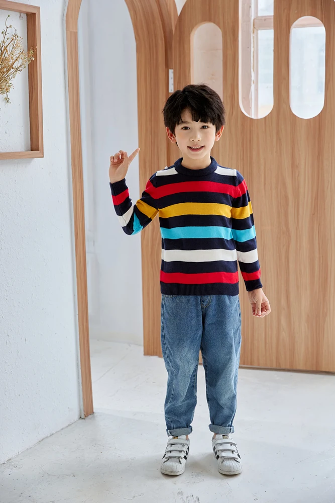 Spring and Autumn New Style 1-8 Year Old Boys and Girls Striped Fashion Versatile Round Neck Knitted Sweater