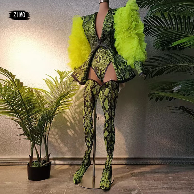 

fashion sexy Three piece set fluorescent green snake print Halloween leotard women festival bodysuit outfit performance