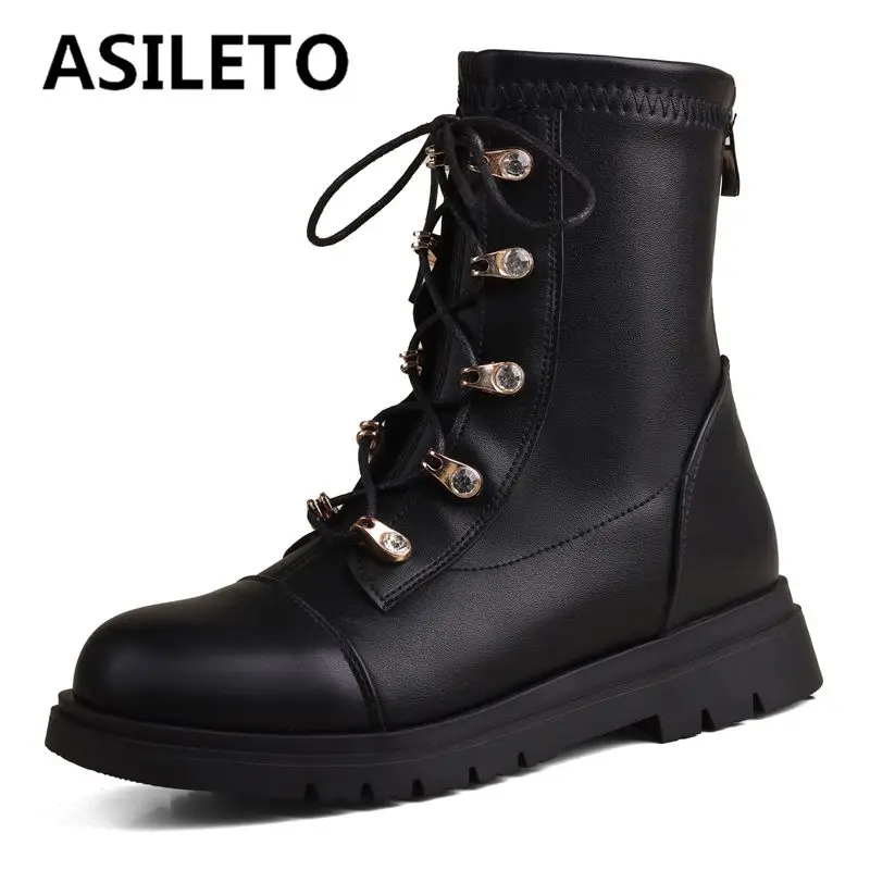 

ASILETO Shiny Women Mid Calf Boots Round Toe Thick Heels 3cm Zipper Lace Up Plus Size 41 42 43 Casual Vintage Daily Girls Bota