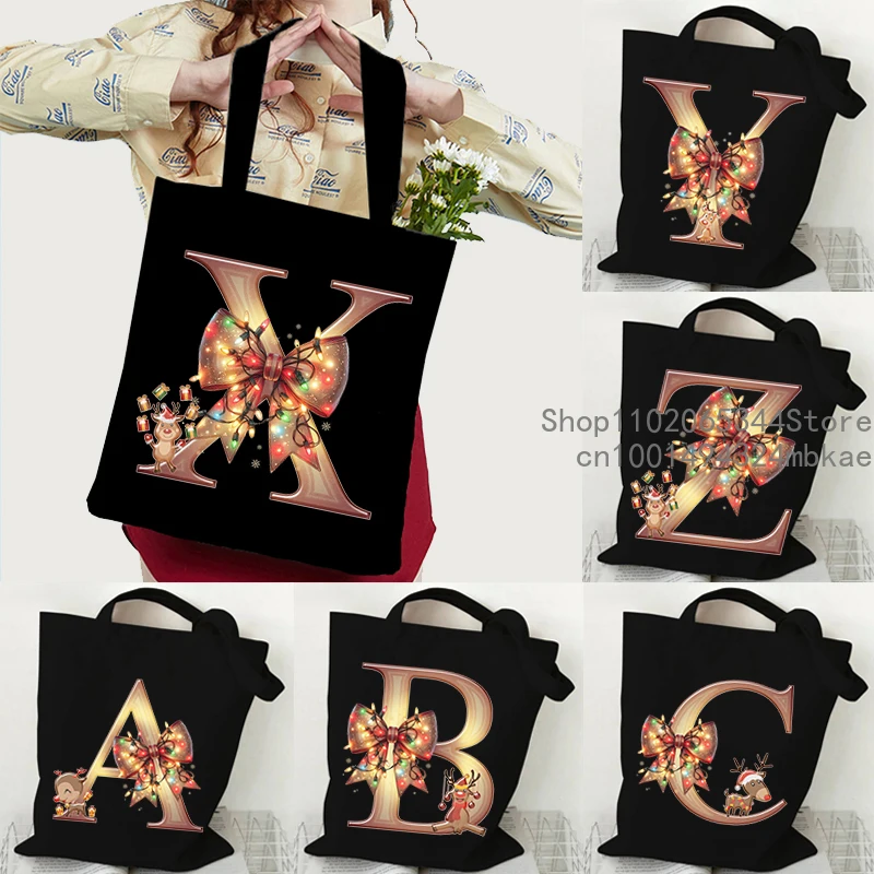 Aesthetics Christmas Bow Elk Alphabet A-Z Fashion Canvas Tote Bag Women's Y2K Shopping Bag Student Xmas Gifts Shoulder Handbags