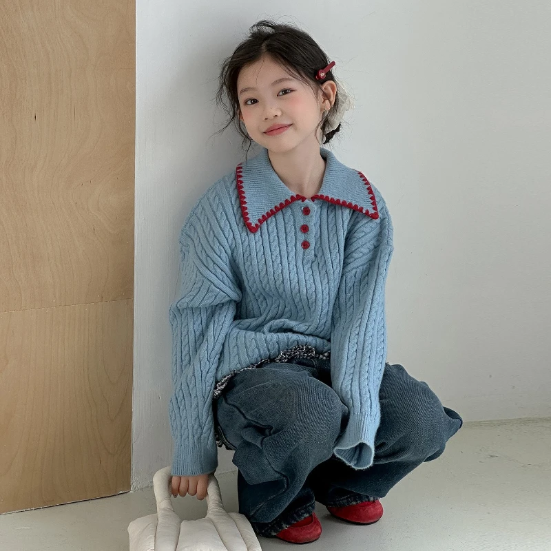

2026 Girls Knit Sweater Set, Big Kids Korean Fashion Top with Plush Jeans Winter Outfit New Arrival