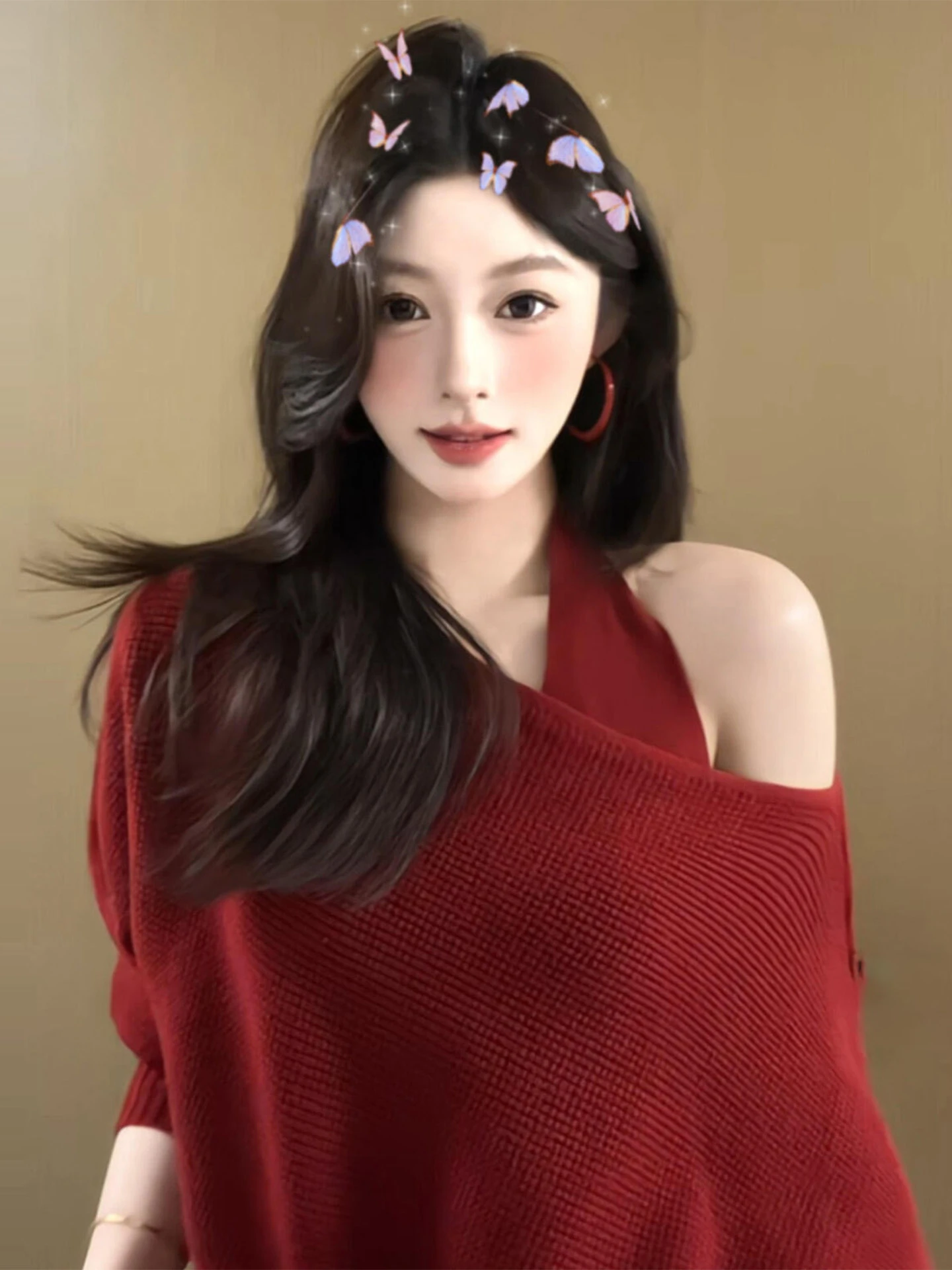 

Loose Red Knitted Sweater One-oulder Lazy Sle Women's New Year's Faion Spring Early Loose Casual Knitwear Top