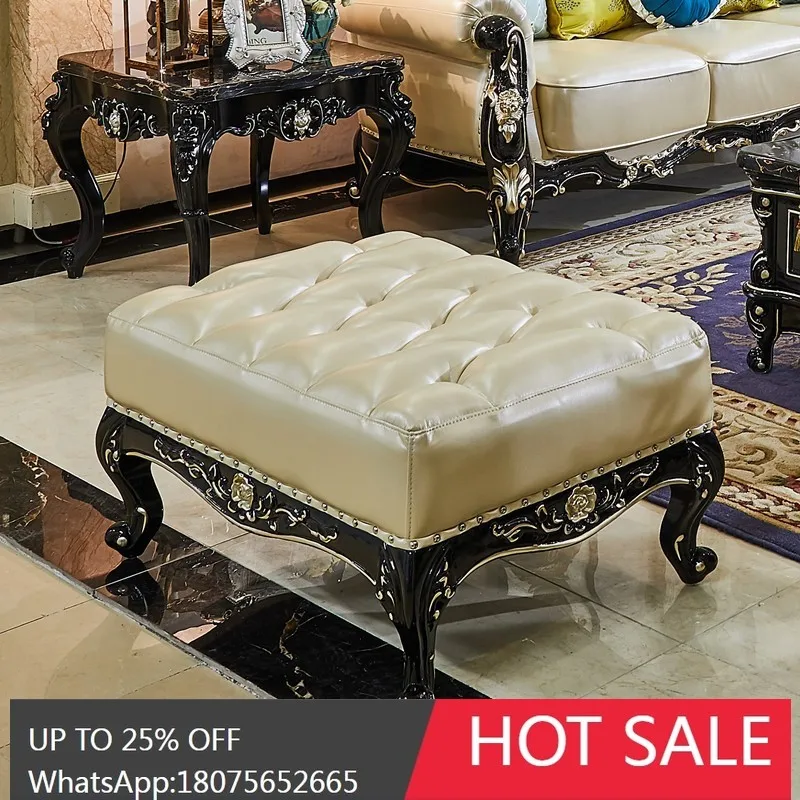 MJY European Style Home Sofa Footstool Ebony Color Shoe Changing Footstool Genuine Leather Solid Wood Carved