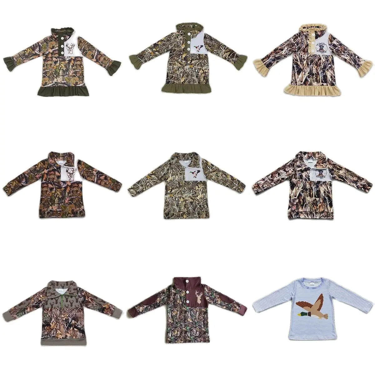 Wholesale Toddler Camo Pullover Long Sleeves Elk Shirt Lapel Zipper Kid Tops Boys Girls Matching