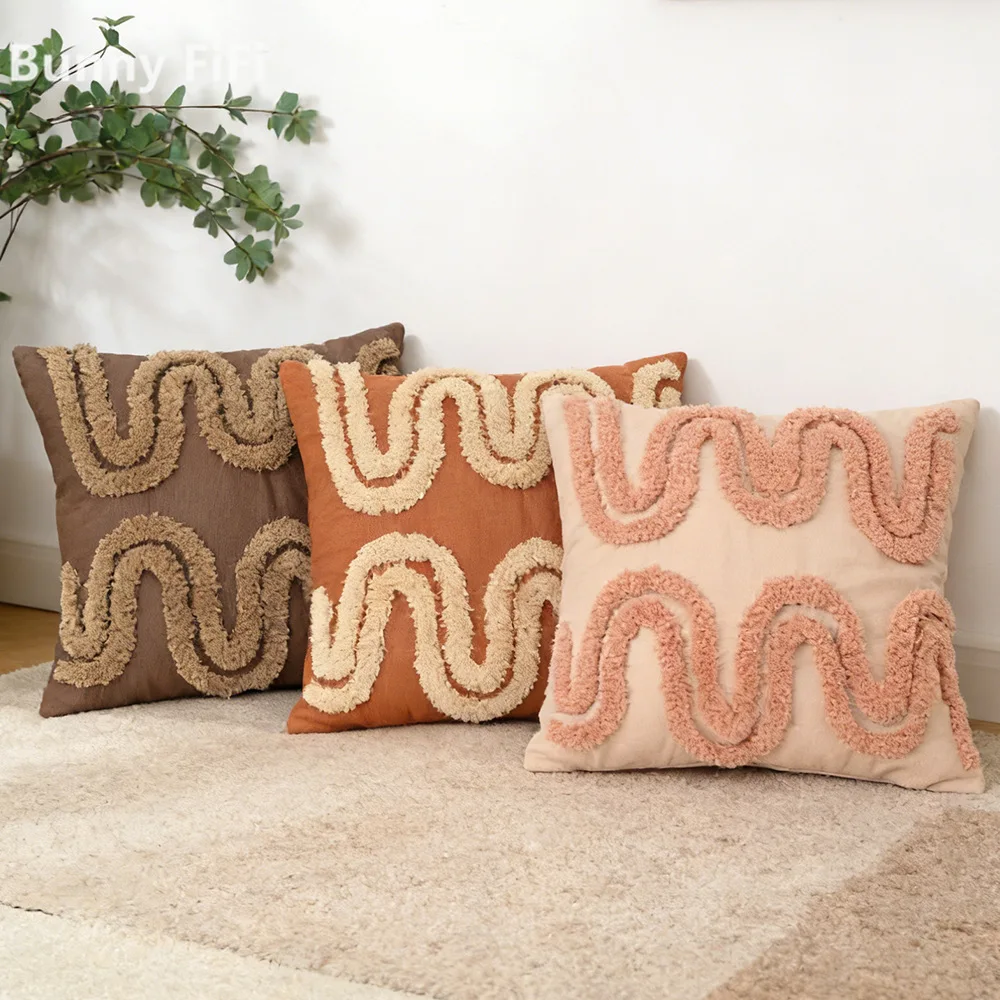 Boho Tufted Neutral Linen Cushion Covers Abstract Modern Striped Decorative Throw Pillows Cover For Sofa Bed Living Room Decor