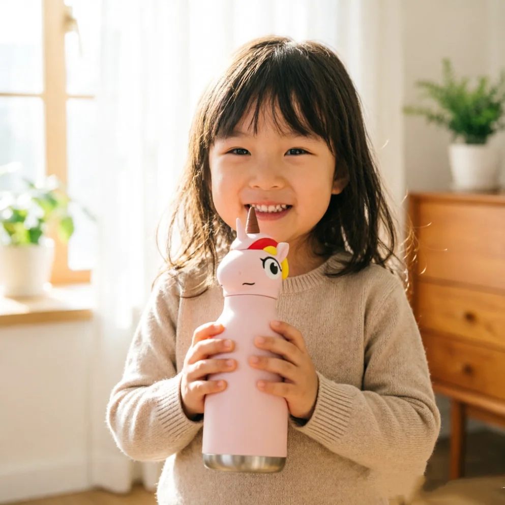Unicorn Cartoon Stainless Steel Vacuum Insulated Kids Water Bottle Leak-Proof Straw Cup Animal Head Design for Children School