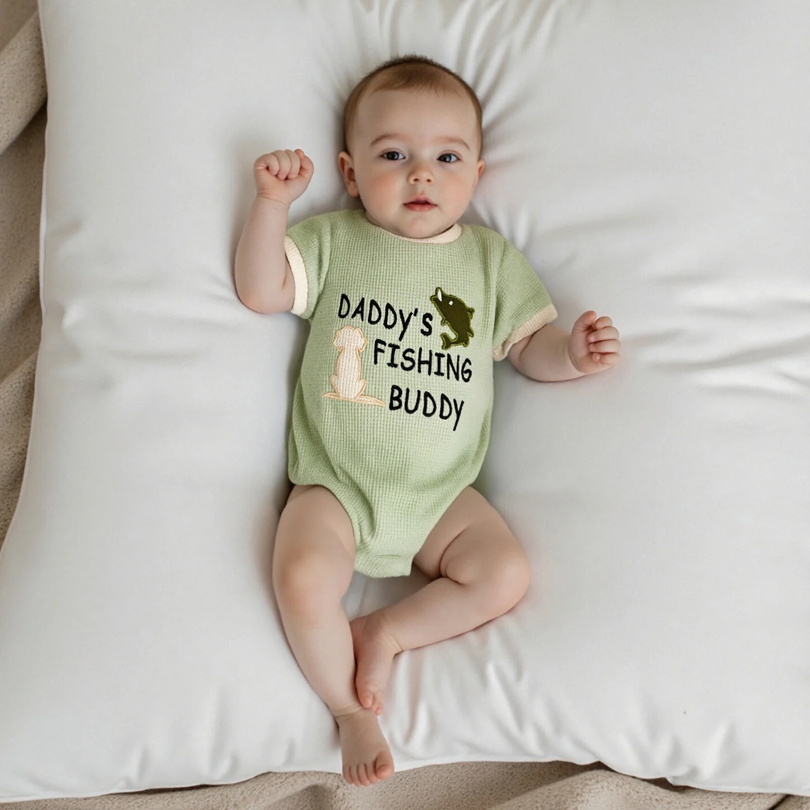 Baby Short Sleeve Romper Graphic Animal Letter Embroidery Round Neck Waffle Bodysuits Jumpsuit