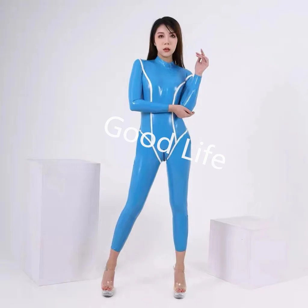 

Sexy Natural Latex Catsuit With White Body Line Back and Crotch Zipper Rubber High Quality Bodysuits Handmade Hot Sell Catsuit