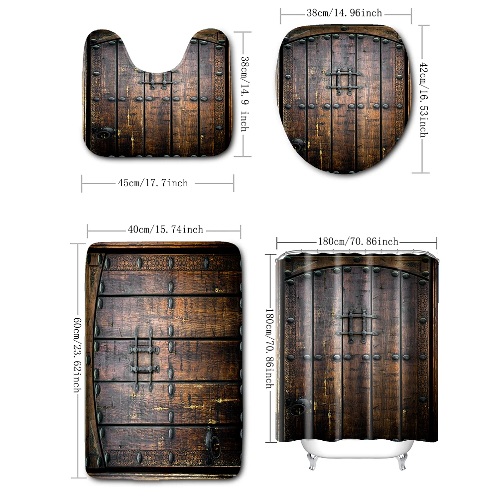 4-piece set of dark brown wood grain lock printed waterproof shower curtain, with 12 hooks and bathroom floor mats