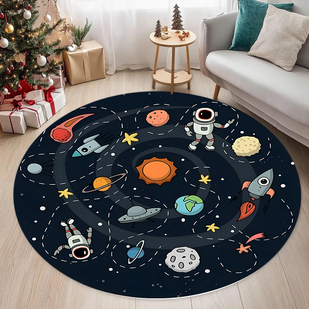 Alfombra redonda con tema espacial, decoración del hogar, habitación de niños, astronauta, cohete, planeta, patrón, alfombra antideslizante para dormitorio, alfombra de juego para niños