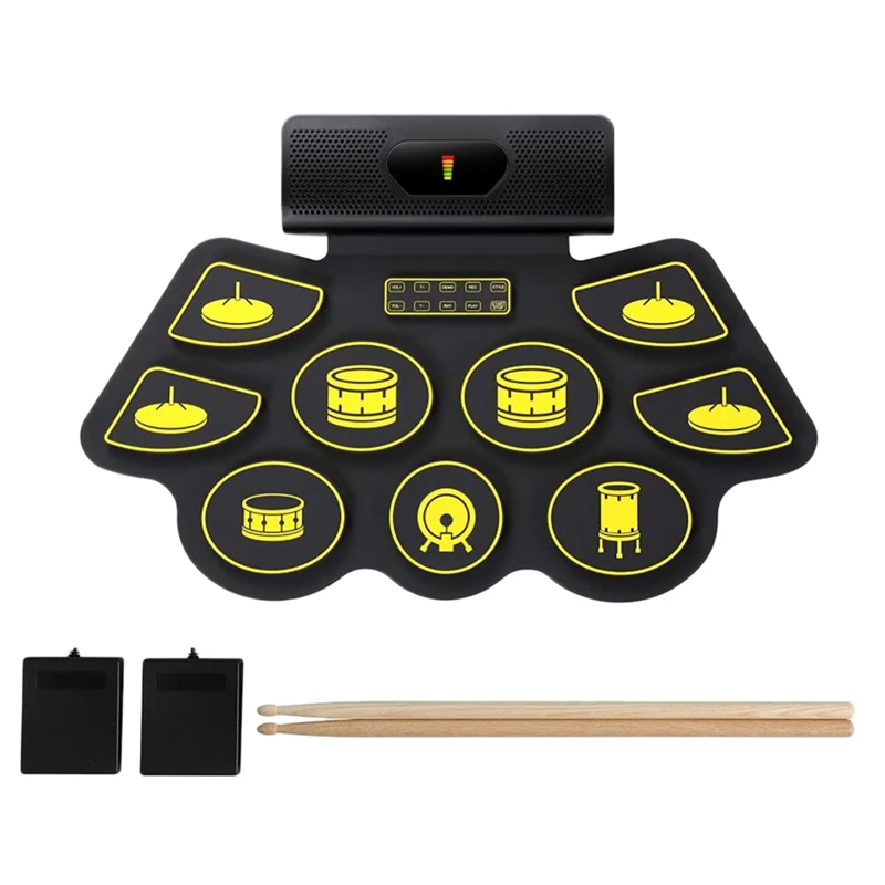 Electric Drum Kit 9 Pads Portable MIDI Electronic Roll Up Drum Kit With Built In Speakers, Foot Pedals Drumsticks