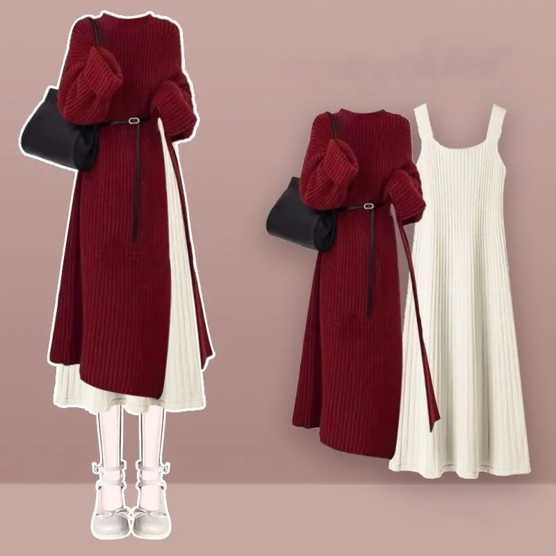 2025 Spring Autumn New Clothing Matching Sets Women Graceful Lucky Red Long Split Sweater Sleevess Dress Two Piece Suits - Image 5