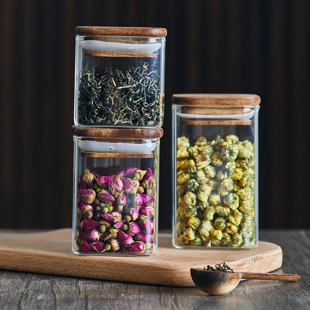 

3Pcs Glass Tea Jar with Wood Lid Airtight Food Storage Container for Coffee Beans Sugar Cereals Dried Fruits Pantry Organization