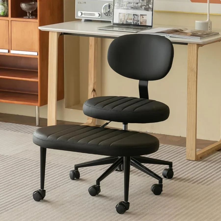 Ergonomic cross-legged office chair with wheels for ADHD and yoga use, black mesh and PU leather, lumbar support and locking ca
