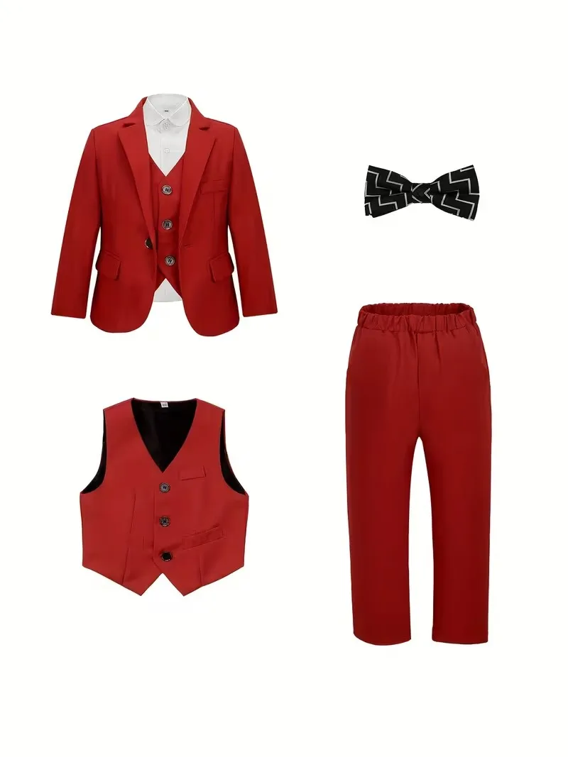 90-150 Boys Summer Red 4Pieces/Set Jacket Vest Pants Bowtie Photography Suit Kids Wedding Dress Children Ceremony Costume