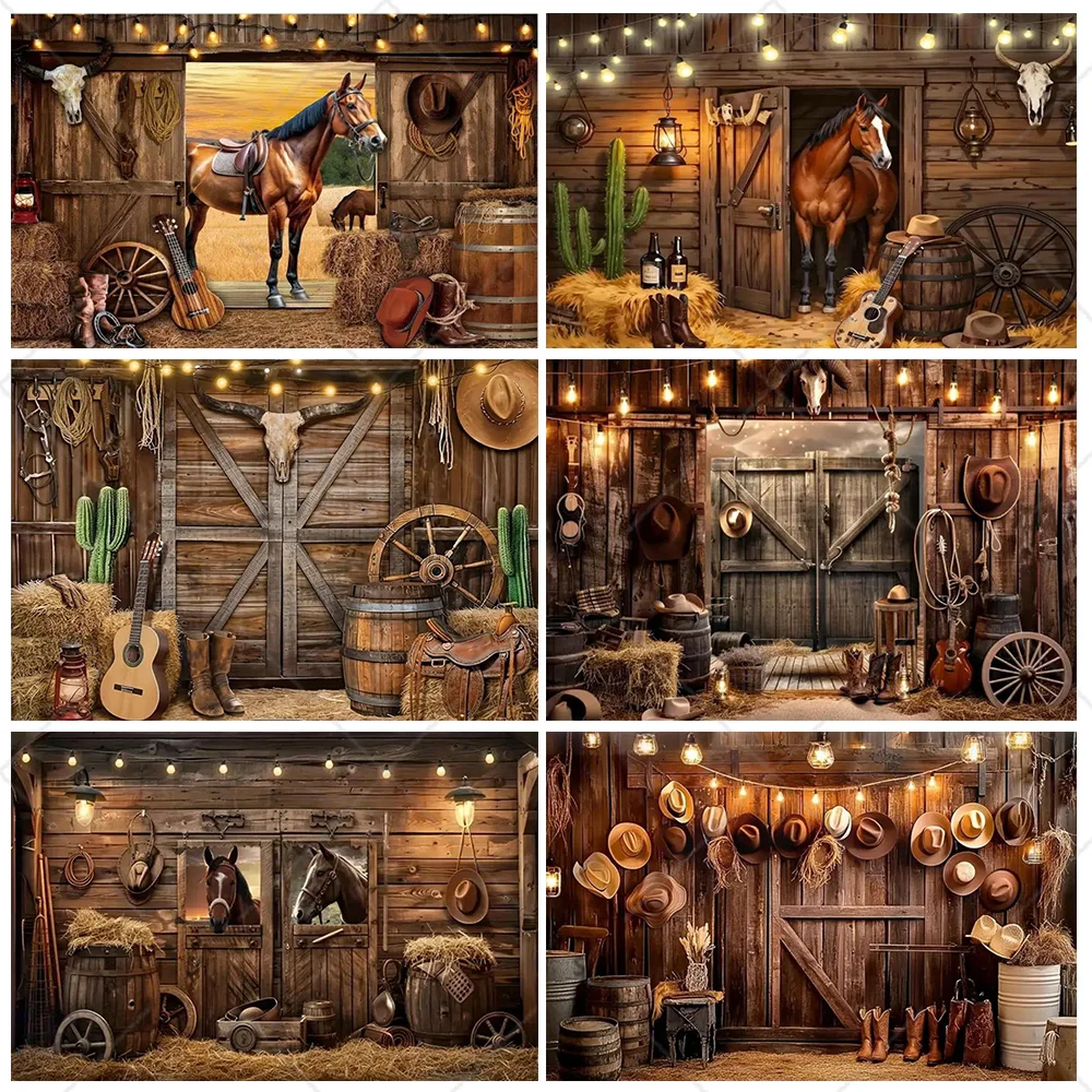 

Western Cowboy Theme Birthday Party Background Decoration Wooden Barn House Backdrop Banner Supplies Photography Props Kid Gifts